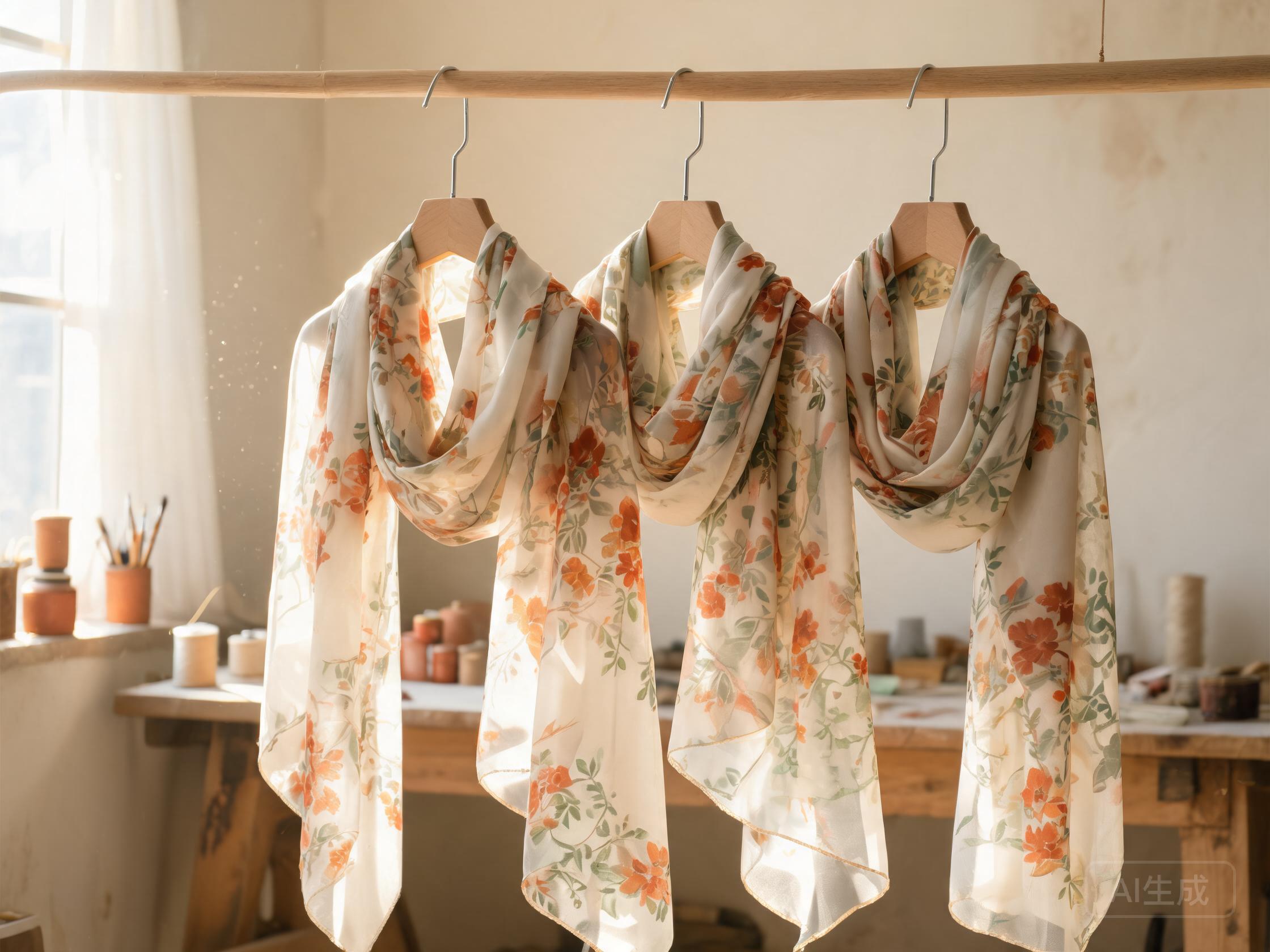 Hand-dyed silk scarves in a sunlit studio